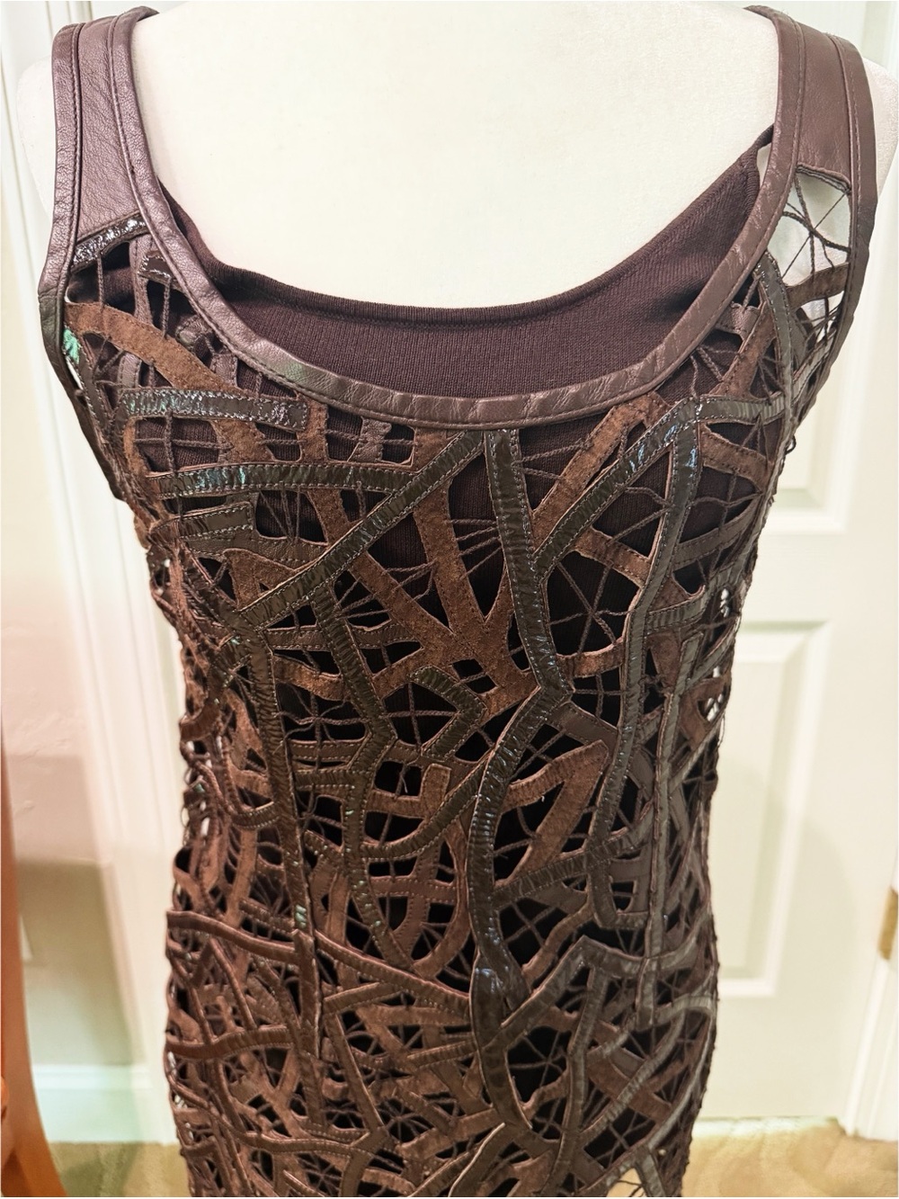 NWT Catherine Malandrino Sleeveless Brown Leather Dress with Cutouts - Picture 2 of 6